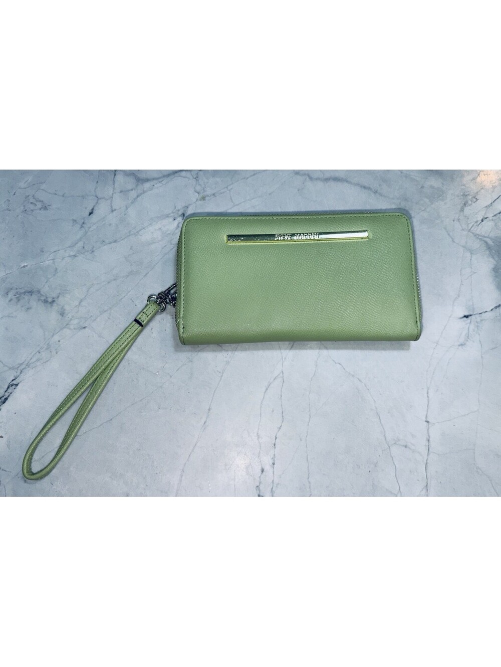 Steve Madden Sage Green Zip Around Wallet Wristlet Gold Hardware Saffiano